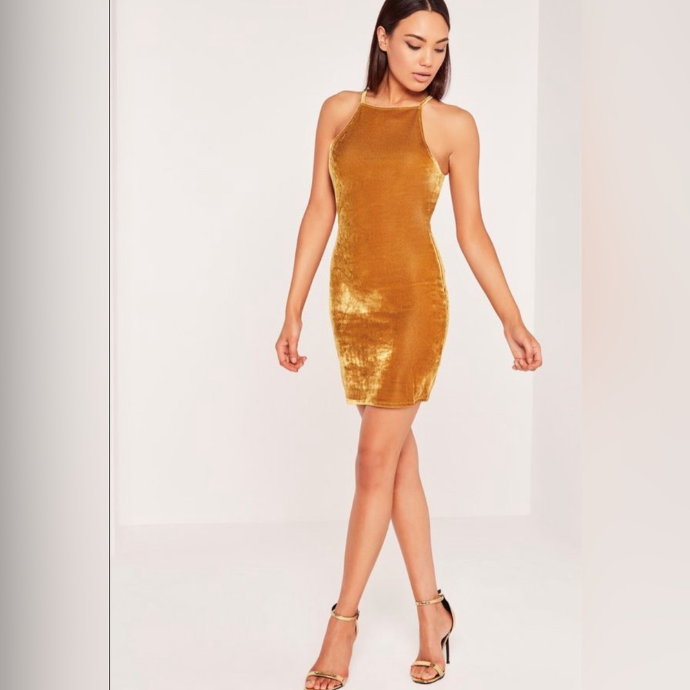 Missguided Velvet Bodycon Mini Dress Yellow
